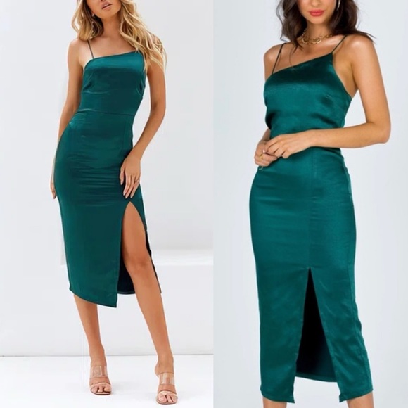 Oh Polly Dresses & Skirts - Oh Polly Emerald Green Asymetrical Satin Side Slit Midi Dress